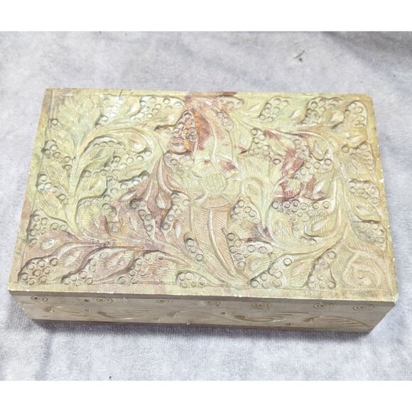 Hand Carved Floral Soap Tone Hinged Trinket Box - Picture 8 of 14